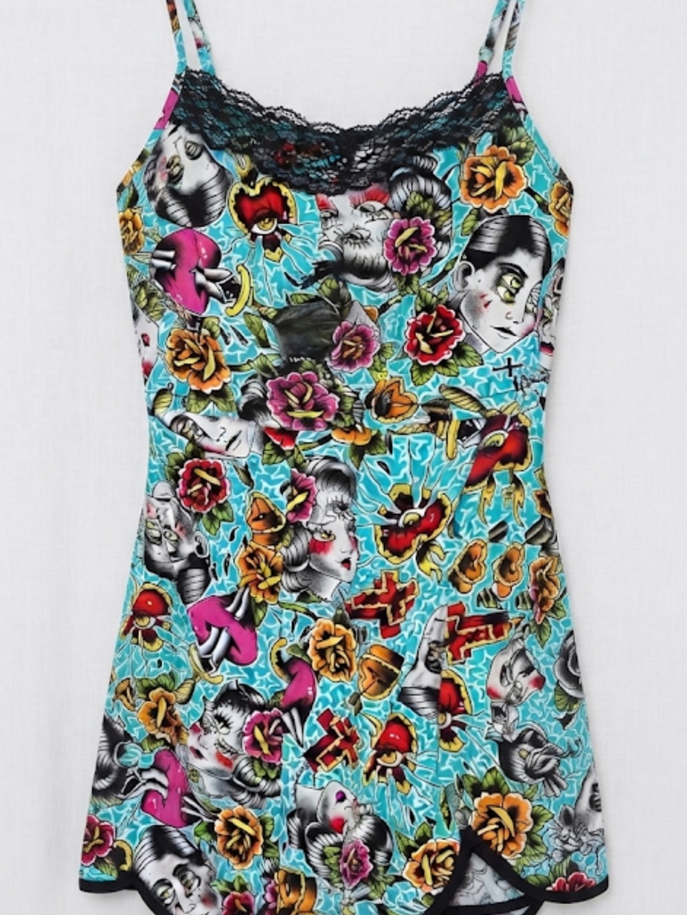 Retro Tattoo Print Lace Trim Cami Dress - Turquoise Multicolor - Picture 1 of 4